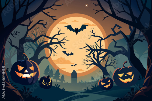 A spooky halloween night scene with pumpkins, bats and a full moon