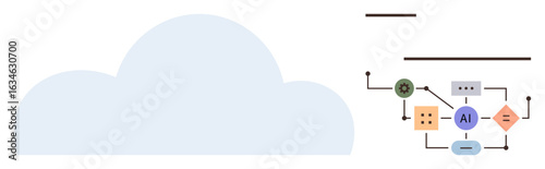 Large cloud shape adjacent to a simplified AI process diagram featuring nodes, arrows, and linking elements. Ideal for AI workflow, cloud computing, technology, process management, data integration