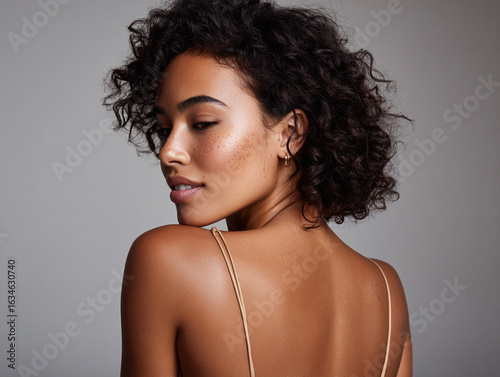 Girl with body acne confidently doing a backless skincare shoot 