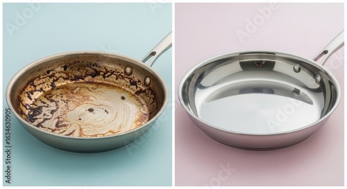 Contrast of a heavily soiled frying pan with a newly cleaned one, showcasing cleaning efficiency