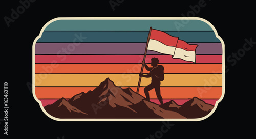 Vintage Retro Vector Illustration of Mountain Climber with Flag in Sunset Landscape in Warm Gradient Colors