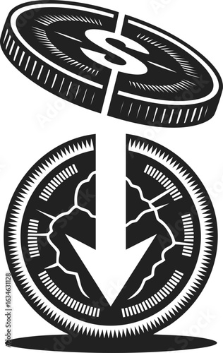 Economic crisis icon, collapsing coin, monetary downturn symbol, financial instability representation