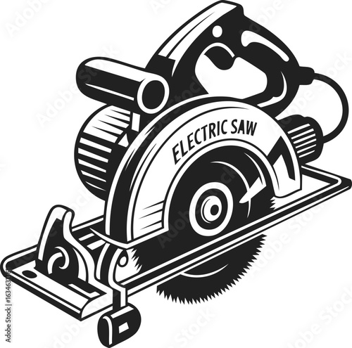 Electric saw, woodcutter tool, saw blade, circular saw, power tool represented in vintage engraved style for woodworking enthusiasts