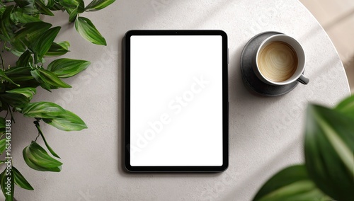 A tablet computer with a blank screen sits on a light-colored table beside a cup of coffee and greenery. Sunlight casts shadows