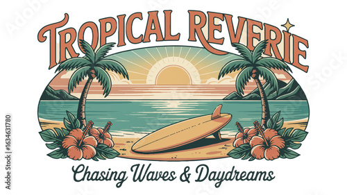 Tropical Reverie Surfing Beach Scene with Palm Trees and Hibiscus