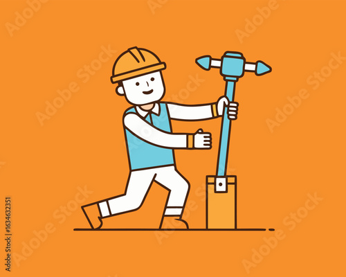 Industrial pile driver hammering a foundation post with a detailed outline illustration