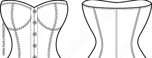 Corset flat vector illustration, CAD drawing, women's lingerie design, fashion technical drawing, button front corset, apparel template, front and back views