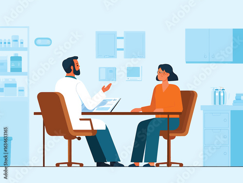 Doctor consulting with a female patient at a desk in a medical clinic office.