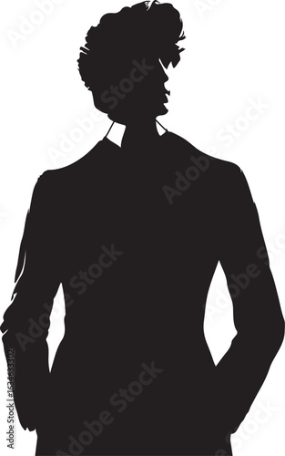 The image shows a stark black silhouette of a woman, possibly a businesswoman, standing with her hands in her pockets, her short, slightly tousled hair adding a touch of dynamism to the otherwise stat