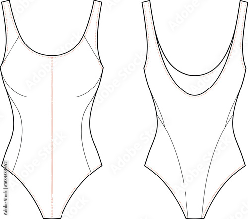 Fashion technical flat of women's one-piece bodysuit swimsuit, front and back view, apparel design, vector template illustration.