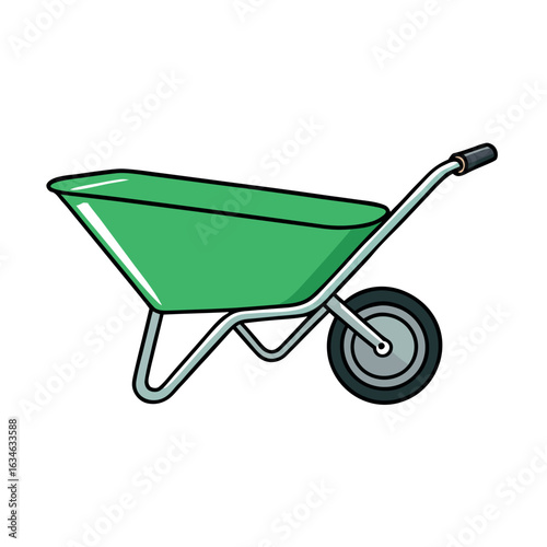 Green wheelbarrow with a black wheel isolated on a white background