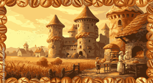 Whimsical fantasy kingdom built from bread, featuring a medieval castle and a bustling village bakery in a golden landscape