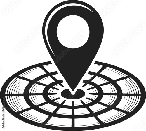 Geo fencing icon, location marker, navigation point, mapping tool, spatial reference symbol in vintage engraved style