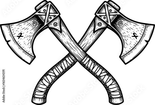 Two Crossed Axes in Detailed Black and White Engraved Style Illustration