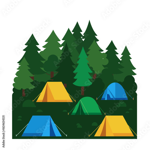 Camping Scene with Five Tents in a Forest Setting