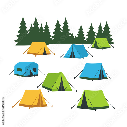 The image depicts a collection of camping tents in various