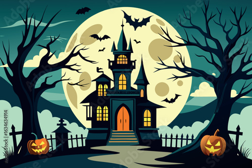 A spooky halloween night scene with a haunted house, pumpkins and bats