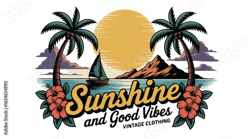 Vintage sunshine and good vibes tropical beach scene logo
