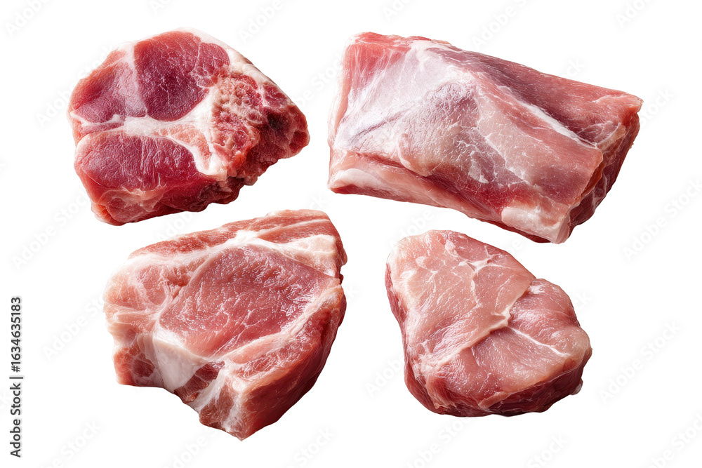 Fototapeta premium Fresh cuts of pork on a white background ready for preparation and cooking at a modern kitchen setting