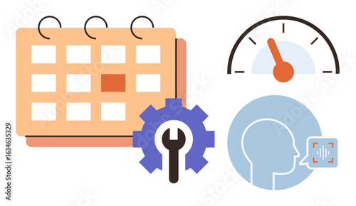 Calendar, gear, speedometer, and person speaking suggest scheduling, optimization, performance, communication, and efficiency. Ideal for planning teamwork progress timeliness productivity