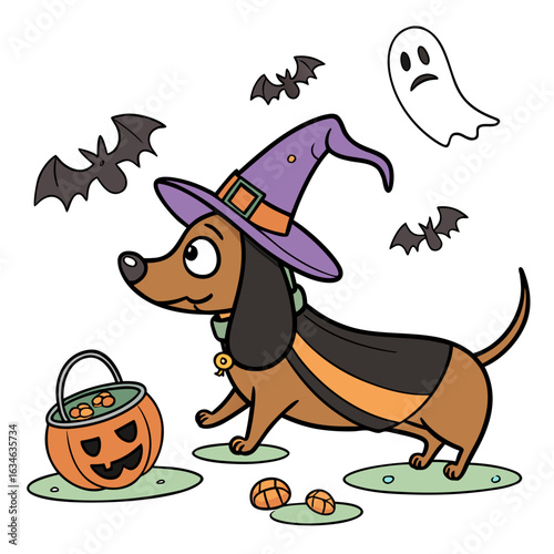 Cute Surprised Dachshund, accessorized with splashing in puddles, in a Halloween world – Spooky Fun palette vector
