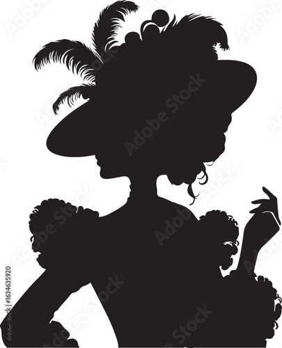 This is a black and white silhouette of a woman from the side, wearing a large, feathered hat and an ornate dress, her hand elegantly raised.