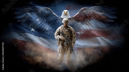A soldier standing proudly with a bald eagle and American flag as a backdrop