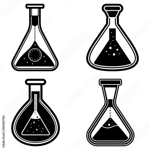 Four black and white laboratory flasks with different liquid levels and internal elements shown clearly