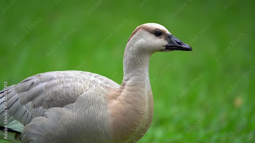 Graceful domestic goose with white and grey feathers standing on lush green grass, close-up animal portrait Graceful domestic goose with white and grey feathers standing on lush green grass, close-up animal portrait