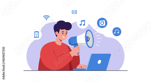 Happy man announces online marketing campaign via megaphone and laptop.
