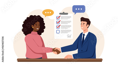 Diverse colleagues shaking hands, successful contract signing, cheerful mood, flat vector illustration.