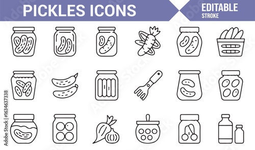 Icon Set of Pickles, Jars, and Preservation Tools for Food Industry and Grocery