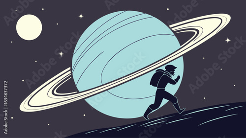 An astronaut running on a planet towards a ringed gas giant, symbolizing space exploration and the limitless possibilities of the universe