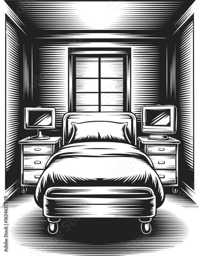 Hospital room, patient bedroom, medical care space, furnished living area, healthcare environment with monitors and bed