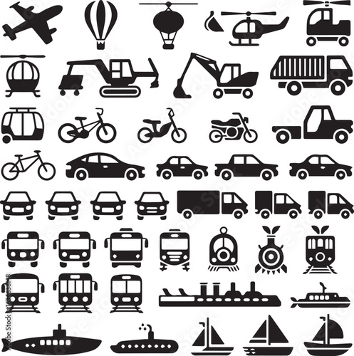 flat design vector icons of vehicles and heavy equipment grid with airplane hot air balloon excavator dump truck train