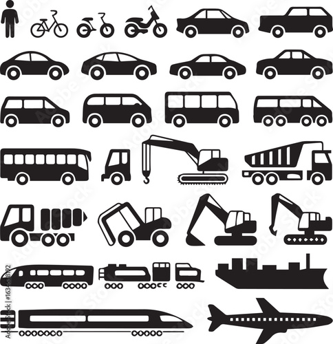 set of transportation silhouettes including person bicycles cars buses trucks trains ship and airplane vector