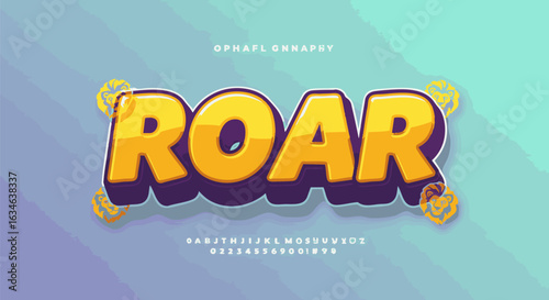 Bold cartoon alphabet with 3D roar text effect. Funky and playful font style for video games, comics, and kids' titles. Vector illustration.