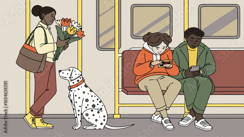 People with a dog and flowers riding the subway, passengers using mobile phones in a train, vector illustration in cartoon style