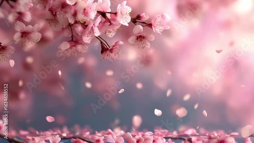Beautiful cherry blossom petals falling in a serene atmosphere.