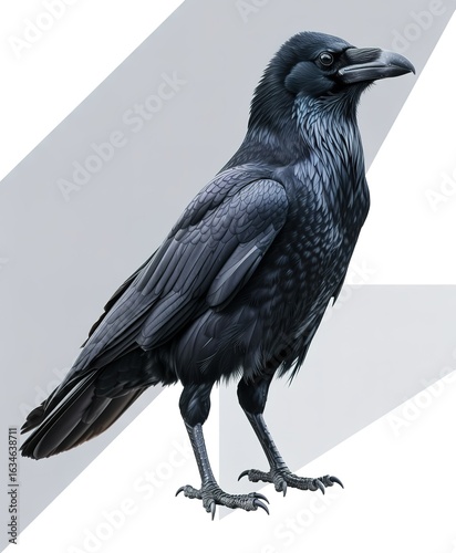 Detailed Raven Illustration with Dark Feathers on Gray Background