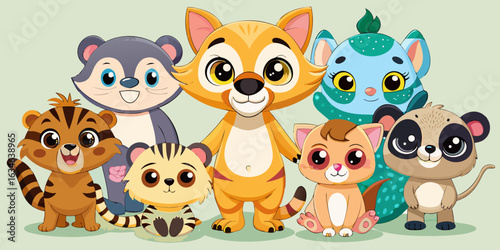 A group of adorable cartoon animals posed together