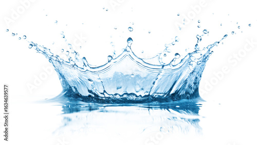 Dynamic blue water splash crown shape frozen in time against black background