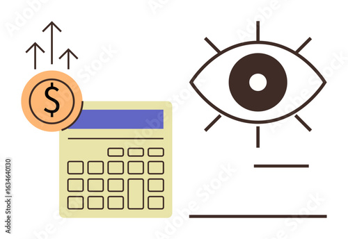 Calculator with dollar coin and upward arrows indicating growth beside a vision-inspired eye symbol. Ideal for finance, planning, investment, budgeting, analytics, opportunities, progress. Simple