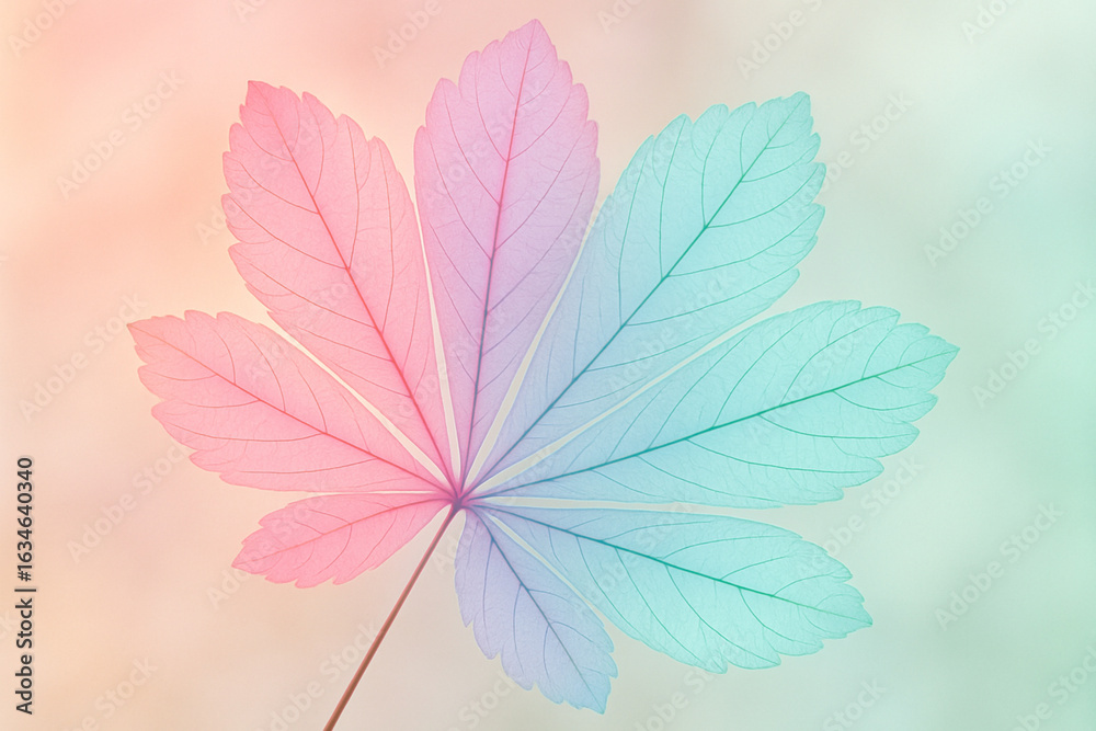 Obraz premium gradient pastel foliage fan—rose to mint spectrum, back-light reveals delicate veins