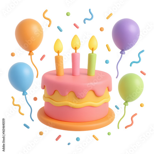 3d cartoon birthday cake with candles, balloons, and confetti