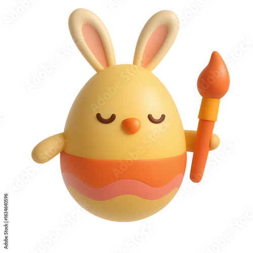 3d cartoon Easter egg bunny holding paintbrush with eyes closed