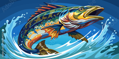 Vibrant fish leaping from blue water