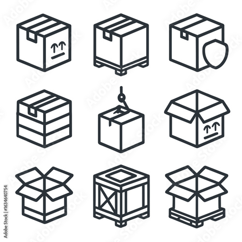 Contour collection duty boxes vector icon set line heavy outline stroke symbol