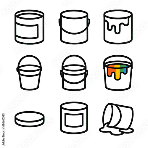 Closed vector container metal colorful spilled icon paint open bucket icons