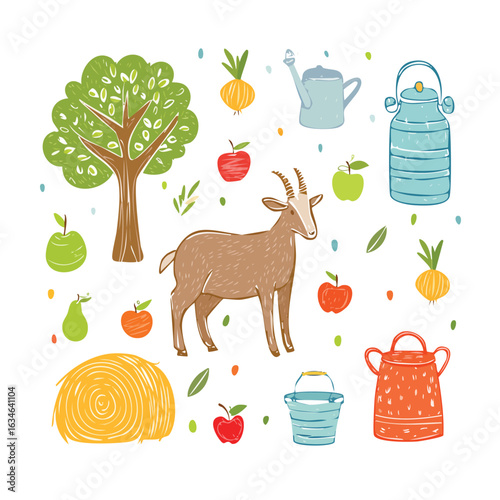 A charming illustration featuring a goat surrounded by farm elements, creating a pastoral scene.